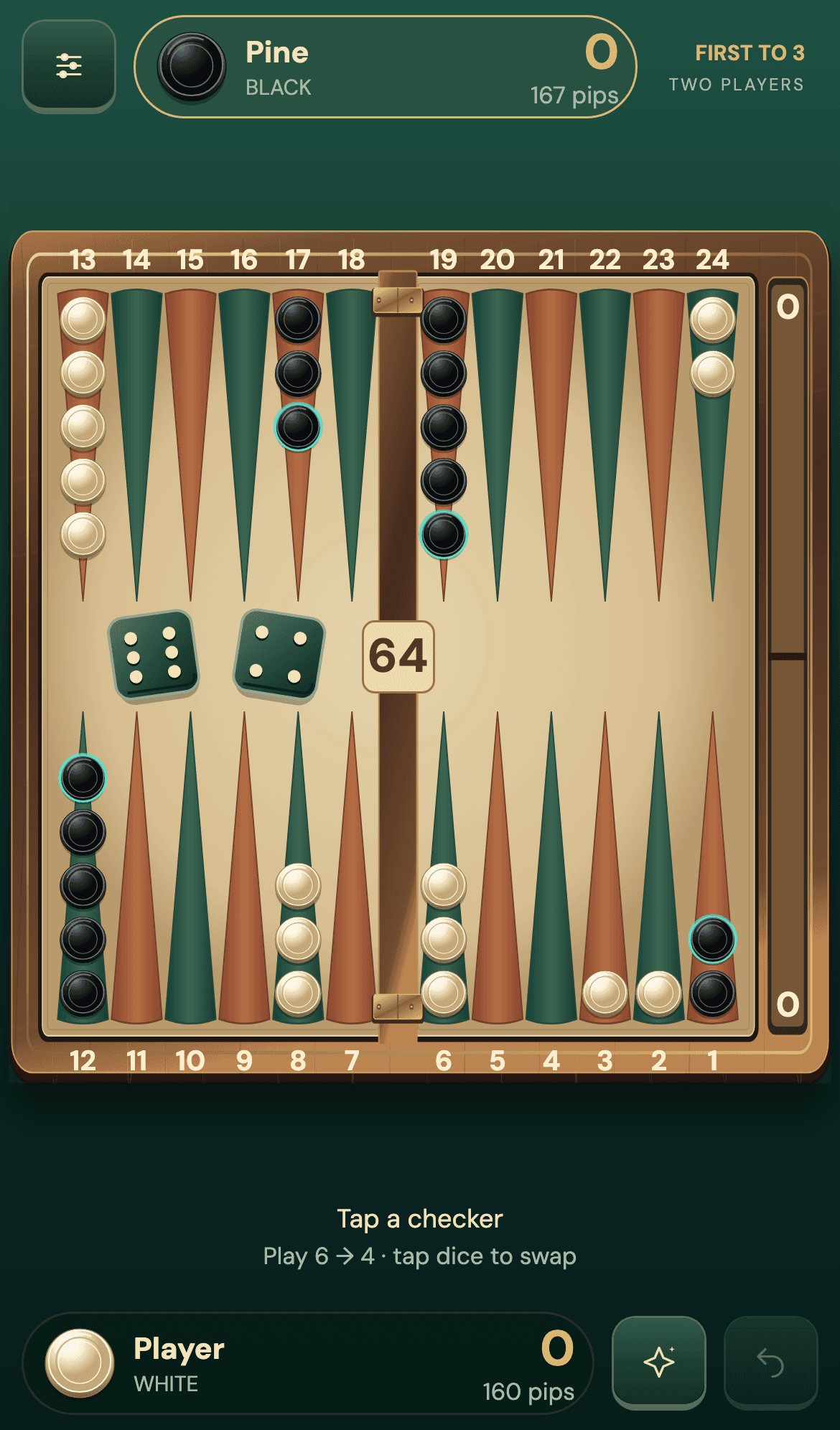Tavli gameplay with a wooden backgammon board, ivory and black checkers, and dice on green felt.