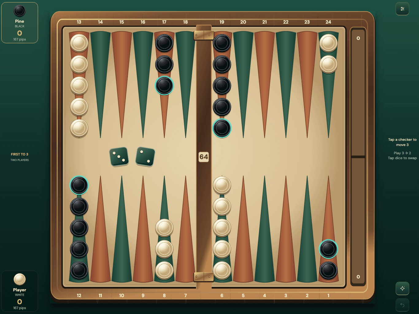 Tavli in a tablet landscape layout, with the board between the player scores and turn controls.