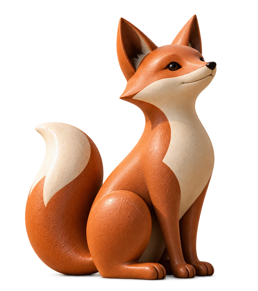 The Foxwalls ceramic fox, looking up with curiosity